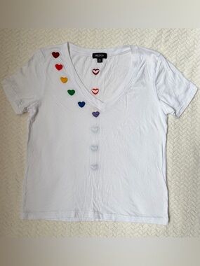 Wildfox White V-Neck Tee with Red and Orange Heart Embroidery